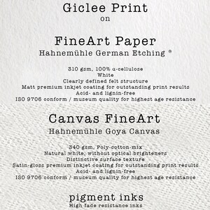 Puede incluir: Impresi&oacute;n Gicl&eacute;e sobre papel FineArt Hahnem&uuml;hle German Etching Ⓡ 310 g/m&sup2;, 100 % &alpha;-celulosa Blanco. Estructura de fieltro claramente definida. Recubrimiento de inyecci&oacute;n de tinta premium mate para resultados de impresi&oacute;n excepcionales. Libre de &aacute;cido y lignina. Conforme a la norma ISO 9706 / calidad de museo para la mayor resistencia al envejecimiento. Lienzo FineArt Hahnem&uuml;hle Goya Canvas 340 g/m&sup2;, mezcla de algod&oacute;n y poli. Blanco natural, sin blanqueadores &oacute;pticos. Textura de superficie distintiva. Recubrimiento de inyecci&oacute;n de tinta premium satinado para resultados de impresi&oacute;n excepcionales. Libre de &aacute;cido y lignina. Conforme a la norma ISO 9706 / calidad de museo para la mayor resistencia al envejecimiento. Tintas pigmentadas Tintas de alta resistencia a la decoloraci&oacute;n