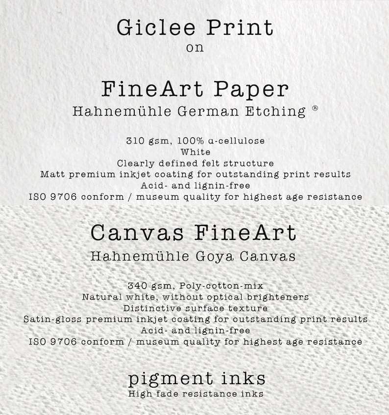 Puede incluir: Impresi&oacute;n Gicl&eacute;e sobre papel FineArt Hahnem&uuml;hle German Etching Ⓡ 310 g/m&sup2;, 100 % &alpha;-celulosa Blanco. Estructura de fieltro claramente definida. Recubrimiento de inyecci&oacute;n de tinta premium mate para resultados de impresi&oacute;n excepcionales. Libre de &aacute;cido y lignina. Conforme a la norma ISO 9706 / calidad de museo para la mayor resistencia al envejecimiento. Lienzo FineArt Hahnem&uuml;hle Goya Canvas 340 g/m&sup2;, mezcla de algod&oacute;n y poli. Blanco natural, sin blanqueadores &oacute;pticos. Textura de superficie distintiva. Recubrimiento de inyecci&oacute;n de tinta premium satinado para resultados de impresi&oacute;n excepcionales. Libre de &aacute;cido y lignina. Conforme a la norma ISO 9706 / calidad de museo para la mayor resistencia al envejecimiento. Tintas pigmentadas Tintas de alta resistencia a la decoloraci&oacute;n