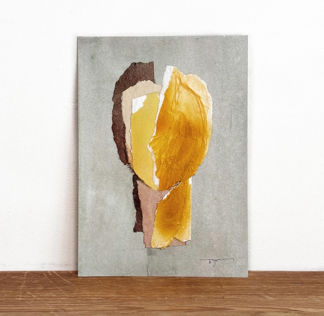 紙に描かれたオリジナルの現代絵画、黄色、茶色、灰色の抽象画