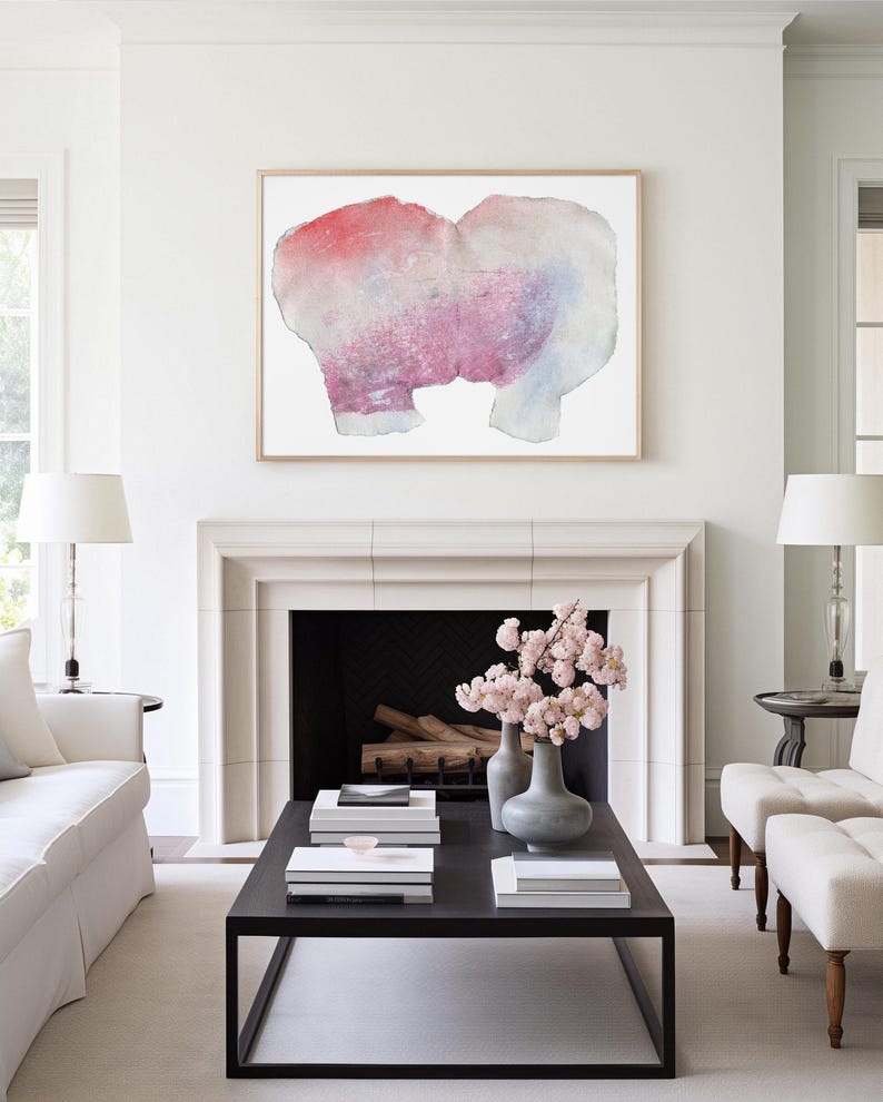 A wood framed high quality art print of a romantic abstract portrait of a kiss in off white, coral and lavender blush pink and pastel violet on white. It's composed of one piece torn paper with rough edges, with accents of fine bluish mist.