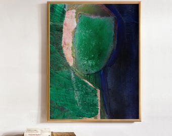 May include: A rectangular wall art print in a thin gold frame featuring an abstract composition of deep emerald green, dark navy blue, and soft blush pink tones with textured, layered paint strokes and organic shapes on a white background.