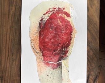 Original Artwork on Paper with Abstract Head, Contemporary Mixed Media Sketch