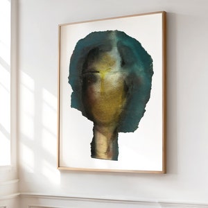May include: Abstract watercolor painting of a person's face with a teal blue and yellow color scheme.