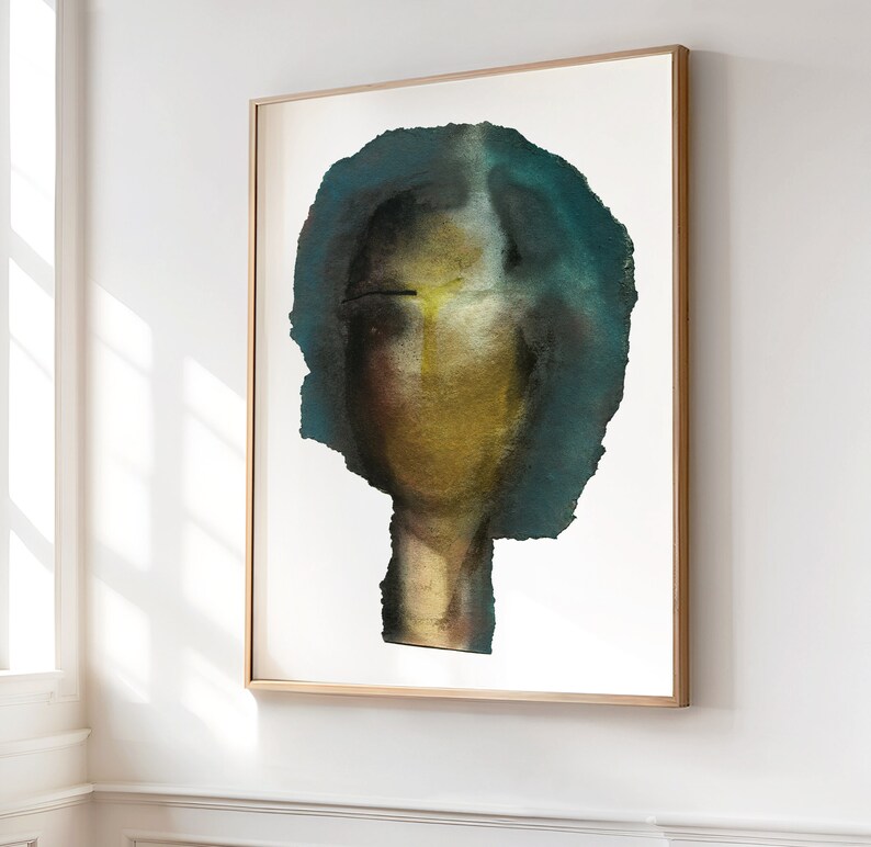 May include: Abstract watercolor painting of a person's face with a teal blue and yellow color scheme.