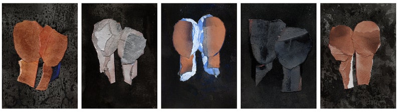 A set of five modern art prints of romantic abstract portraits of love couples in fox red, greige, cinnamon and sky blue, monochrome and silver grey on a black backgrounds. The two head compositions have torn paper layers with exposed grungy edges.