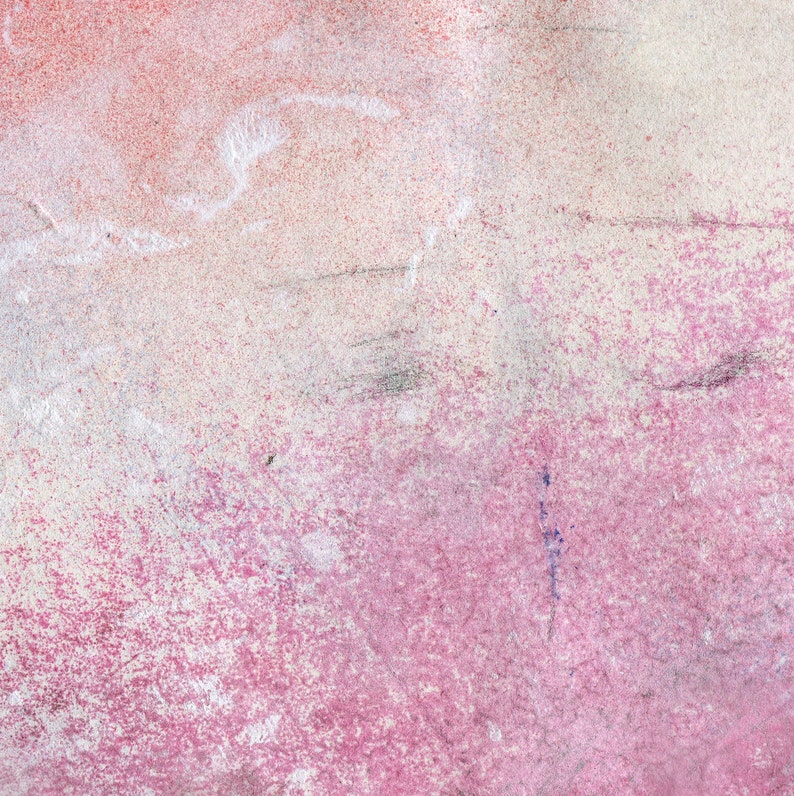 A detail of a high quality art print on fine textured paper of an abstract kiss in off white, coral and lavender blush pink and pastel violet. The paper has delicately brushed colors, some fine spray-painted accents and charcoal strokes for eyes.