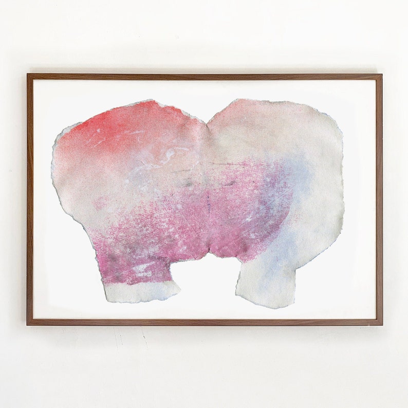 A wood framed high quality art print of a romantic abstract portrait of a kiss in off white, coral and lavender blush pink and pastel violet on white. It's composed of one piece torn paper with rough edges, with accents of fine bluish mist.