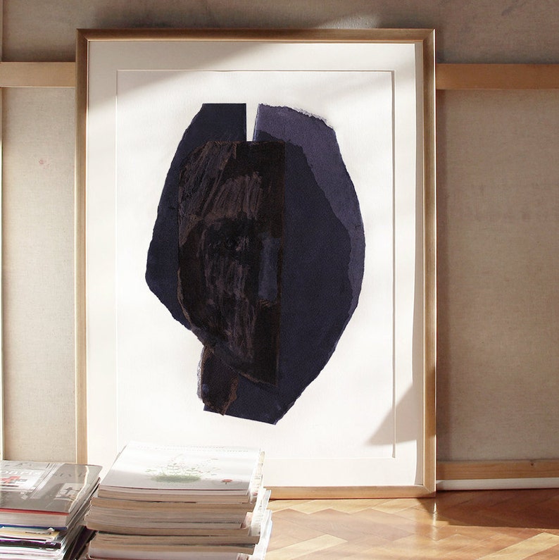 Black Wall Art with Dark Paper Collage Head, Minimal Abstract Print, Large Modern Black Art image 2