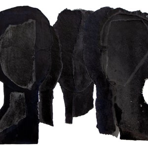 A large statement art in shades of brushed eerie black and dovetail grey. This is a group portrait composition of five abstract minimal heads. The overlapping layers of torn paper, finished with opaque shades of char black are arranged in an arch.