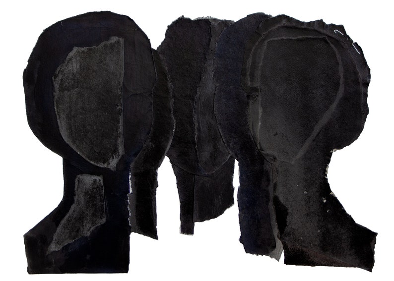 A large statement art in shades of brushed eerie black and dovetail grey. This is a group portrait composition of five abstract minimal heads. The overlapping layers of torn paper, finished with opaque shades of char black are arranged in an arch.