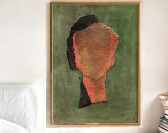 May include: Abstract art piece featuring a head-shaped form in shades of brown, orange, and black against a green backdrop. The artwork is framed in a gold-colored frame, adding a touch of elegance to the piece. The artwork is displayed on a wooden nightstand.