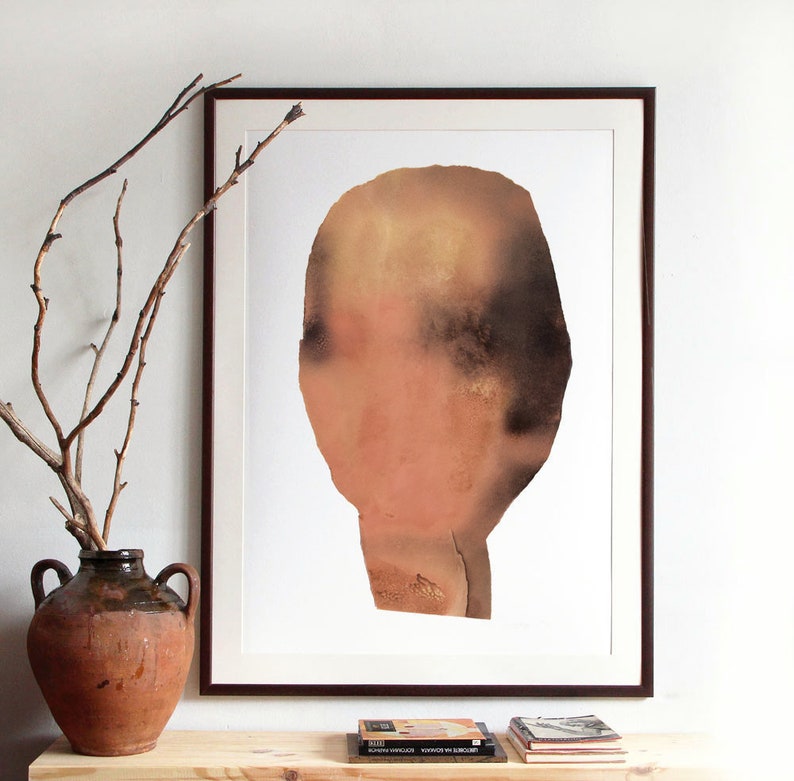 Large Rust Painting Print with Minimal Human Head, Warm Colors Abstract Art, Minimalist Decor, Copper Wall Art image 1