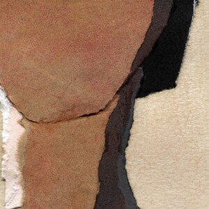 May include: Abstract art piece featuring torn paper in shades of brown, black, and beige. The composition includes layered textures and rough edges, creating a collage-like effect. The artwork has a minimalist aesthetic.