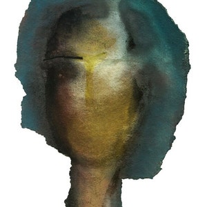 A moody decadent abstract female portrait in shades of petrol blue, golden, yellow and black. This one torn-to-shape thick laid paper piece has rough exposed edges. The texture is grainy, the colors are spray painted to blend. An eyebrow is in black.