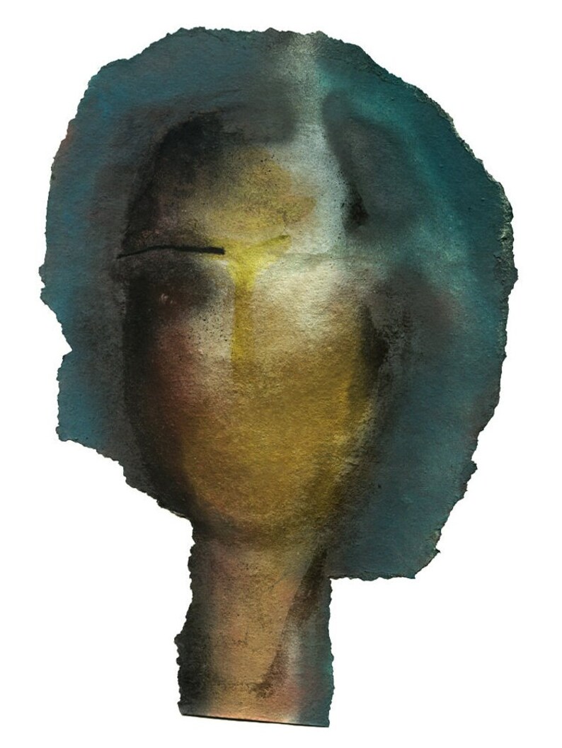 A moody decadent abstract female portrait in shades of petrol blue, golden, yellow and black. This one torn-to-shape thick laid paper piece has rough exposed edges. The texture is grainy, the colors are spray painted to blend. An eyebrow is in black.