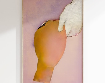 May include: Abstract art print featuring a hand-painted, textured, orange and pink shape with a white, textured shape overlapping it. The background is a light purple.
