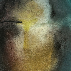 A detail of a high quality fine art print on Hahnemulle paper of a moody decadent abstract dame portrait in shades of petrol blue, golden, yellow and black. The texture is grainy, the colors are spray painted to blend. A black stroke for an eyebrow.