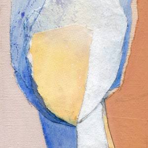 May include: Abstract art painting with blue, white, and yellow shapes on a pink background.