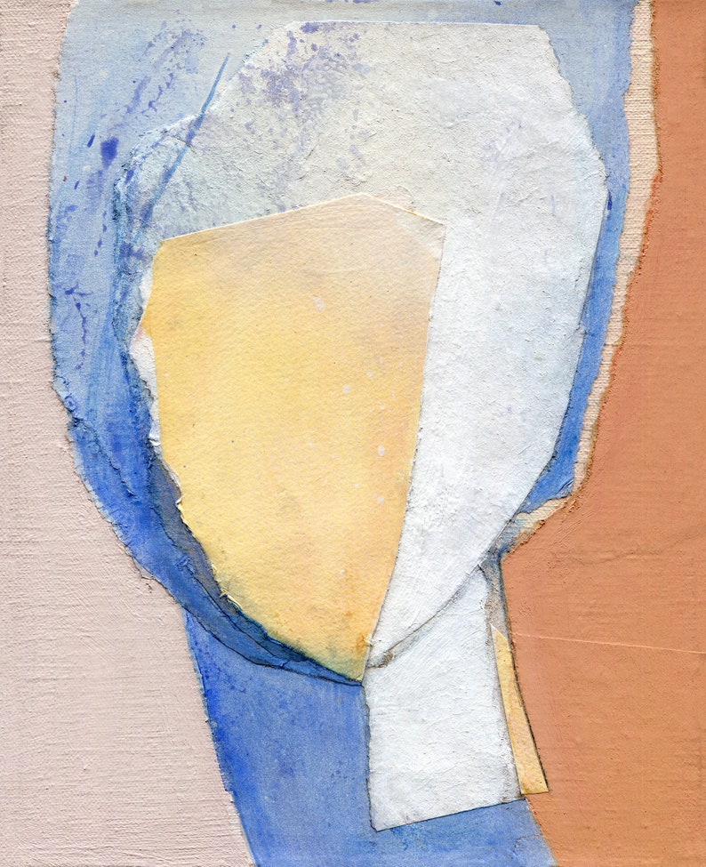 May include: Abstract art painting with blue, white, and yellow shapes on a pink background.