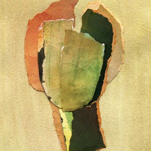 May include: Abstract artwork composed of torn paper pieces in shades of green, orange, and brown, arranged on a beige background. The layered paper creates a textured, collage-like effect, with visible edges and varying tones.
