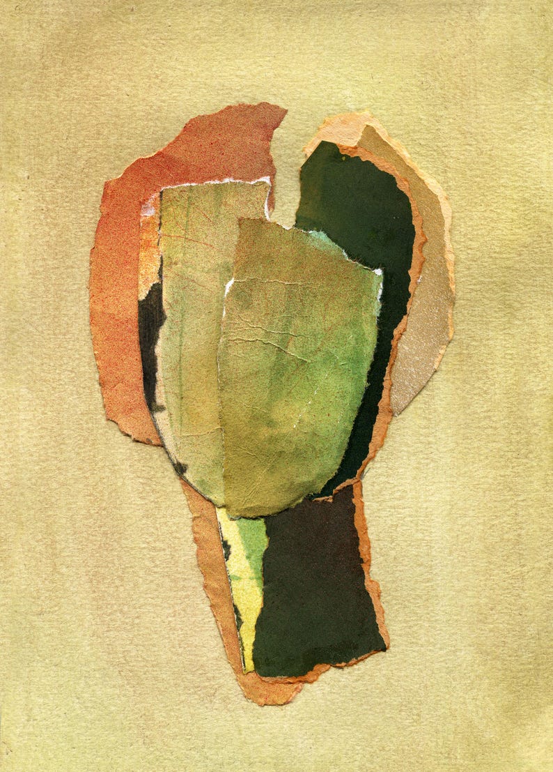 May include: Abstract artwork composed of torn paper pieces in shades of green, orange, and brown, arranged on a beige background. The layered paper creates a textured, collage-like effect, with visible edges and varying tones.