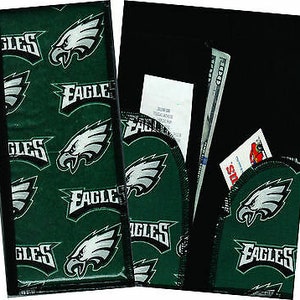 May include: A black and green wallet with a zippered pocket and a separate pocket for cash or receipts. The wallet is decorated with a repeating pattern of Philadelphia Eagles logos.