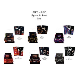 May include: Set of NFL team-themed aprons and book covers. The aprons are black with a team logo and the book covers are in the team's colors. The teams shown are Denver Broncos, Pittsburgh Steelers, Buffalo Bills, Kansas City Chiefs, Denver Broncos, and Las Vegas Raiders.