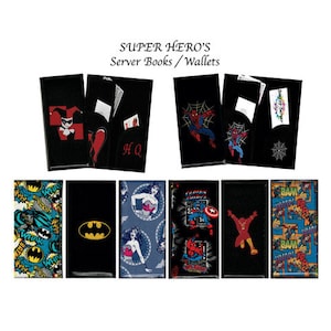 May include: Eight different server books or wallets with superhero themes. The designs include Batman, Wonder Woman, Captain America, The Flash, Harley Quinn, Spiderman, and two different comic book patterns.