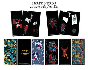 May include: Eight different server books or wallets with superhero themes. The designs include Batman, Wonder Woman, Captain America, The Flash, Harley Quinn, Spiderman, and two different comic book patterns.