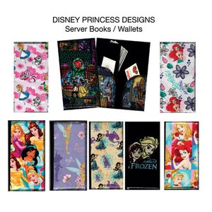 May include: A set of ten Disney Princess themed server books or wallets. The server books are made of a black material with a clear plastic front that shows the design. The designs include various princesses such as Cinderella, Belle, Ariel, and more. The text "Disney Princess Designs Server Books / Wallets" is at the top of the image.