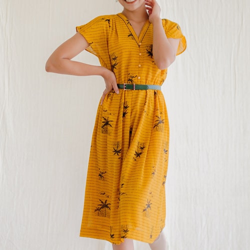 Vintage 1980s | Mustard shops yellow palm tree vintage dress | Summer day dress | UK10 US8 Medium | 80s dress