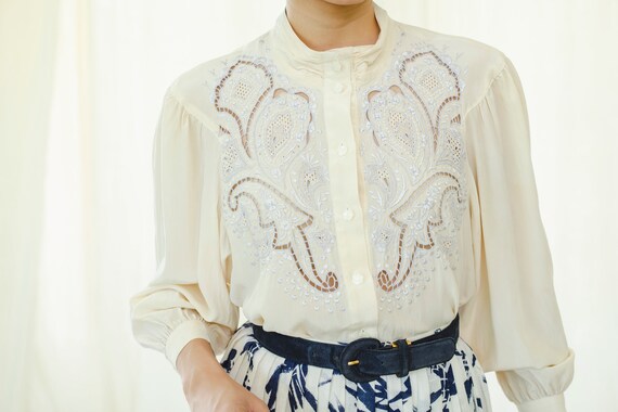 Embroidered vintage pure silk blouse