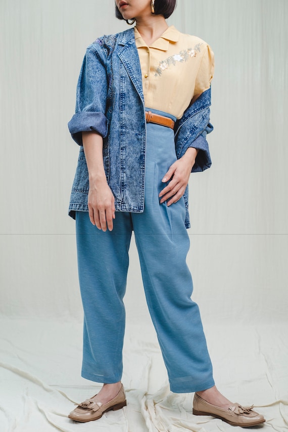 Trousers l Blue linen high-waisted trousers