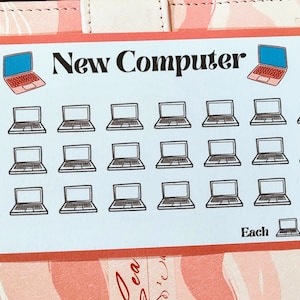 May include: A sheet of stickers with a blue background and a red border. The stickers feature a variety of laptop computer illustrations. The text "New Computer" is printed in black at the top of the sheet. The text "Each" is printed in red at the bottom of the sheet.