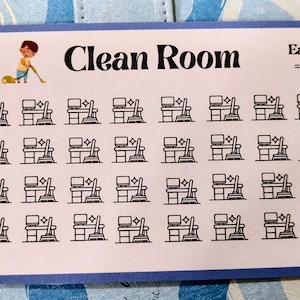 May include: A white printable sheet with a cartoon illustration of a person cleaning a room. The sheet has the text "Clean Room" and a grid of 40 identical icons of a desk with a computer monitor, a chair, and a broom. Each icon is labeled "Each".