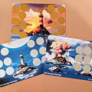 May include: Three colorful cards with a lighthouse illustration and a grid of circles. The cards are labeled with the text "$100 Savings Challenge", "$75 Savings Challenge", and "$50 Savings Challenge".