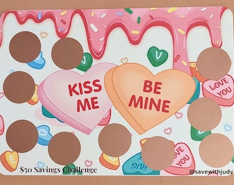 Desafío de ahorros para raspar con forma de corazón de San Valentín / 5x7 / Ahorro de 50 dólares / Desafío de una sola cara