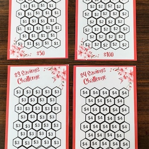 May include: Four white cards with red borders and pink floral designs. Each card has a title that reads '$1 Savings Challenge', '$2 Savings Challenge', '$3 Savings Challenge', and '$4 Savings Challenge'. Each card has a honeycomb pattern with numbers corresponding to the dollar amount of the challenge. The cards show a total of $50, $100, $150, and $200.