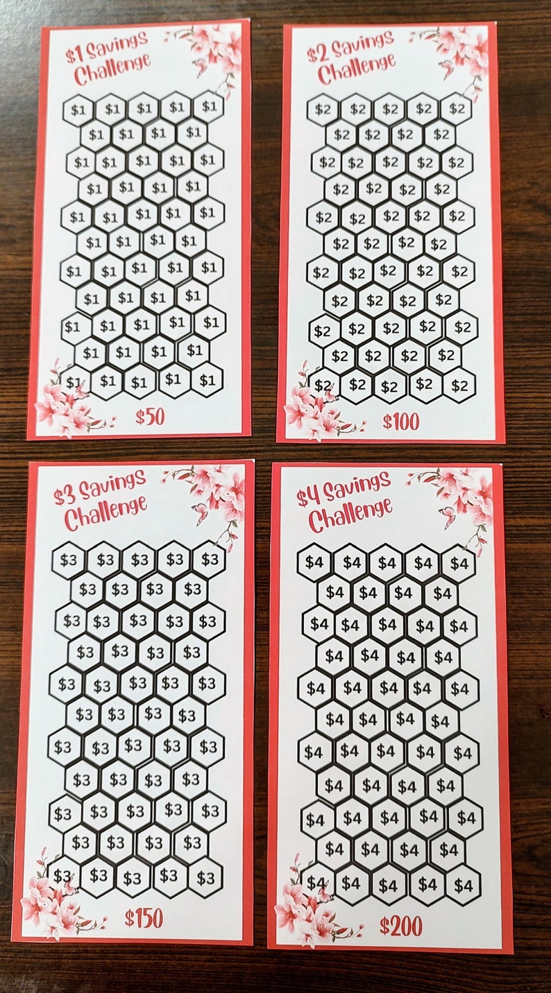 May include: Four white cards with red borders and pink floral designs. Each card has a title that reads '$1 Savings Challenge', '$2 Savings Challenge', '$3 Savings Challenge', and '$4 Savings Challenge'. Each card has a honeycomb pattern with numbers corresponding to the dollar amount of the challenge. The cards show a total of $50, $100, $150, and $200.