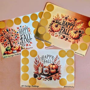 Happy Fall Scratch-Off Savings Challenges | 5X7 | 1 50, 1 75 and 1 100 Dollar Savings | 1 Sided Challenge