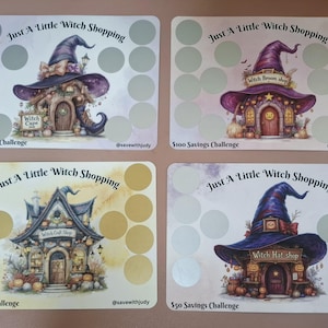 May include: Four rectangular savings challenge cards titled Just A Little Witch Shopping. Each card features a unique witch-themed shop illustration, scratch-off circles, and text indicating $50, $75, or $100 savings challenge goals.