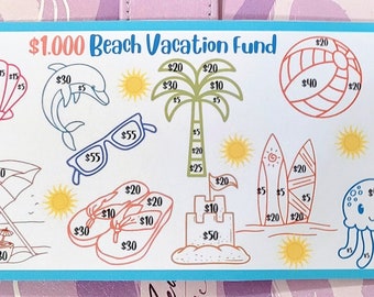 May include: A blue and white illustration of a beach vacation fund with various images of beach items, including a seashell, sunglasses, a palm tree, a beach umbrella, flip flops, a sandcastle, surfboards, a volleyball, a seashell, and a jellyfish. The images have dollar amounts written on them, totaling $1,000.