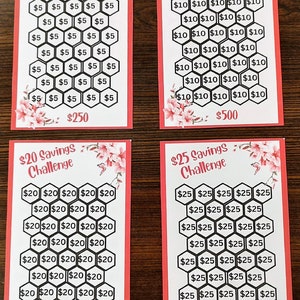 May include: Four printable savings challenge cards with a floral design. Each card features a honeycomb pattern with a dollar amount in each hexagon. The cards are labeled with the total amount to be saved: $250, $500, $1,000, and $1,250.