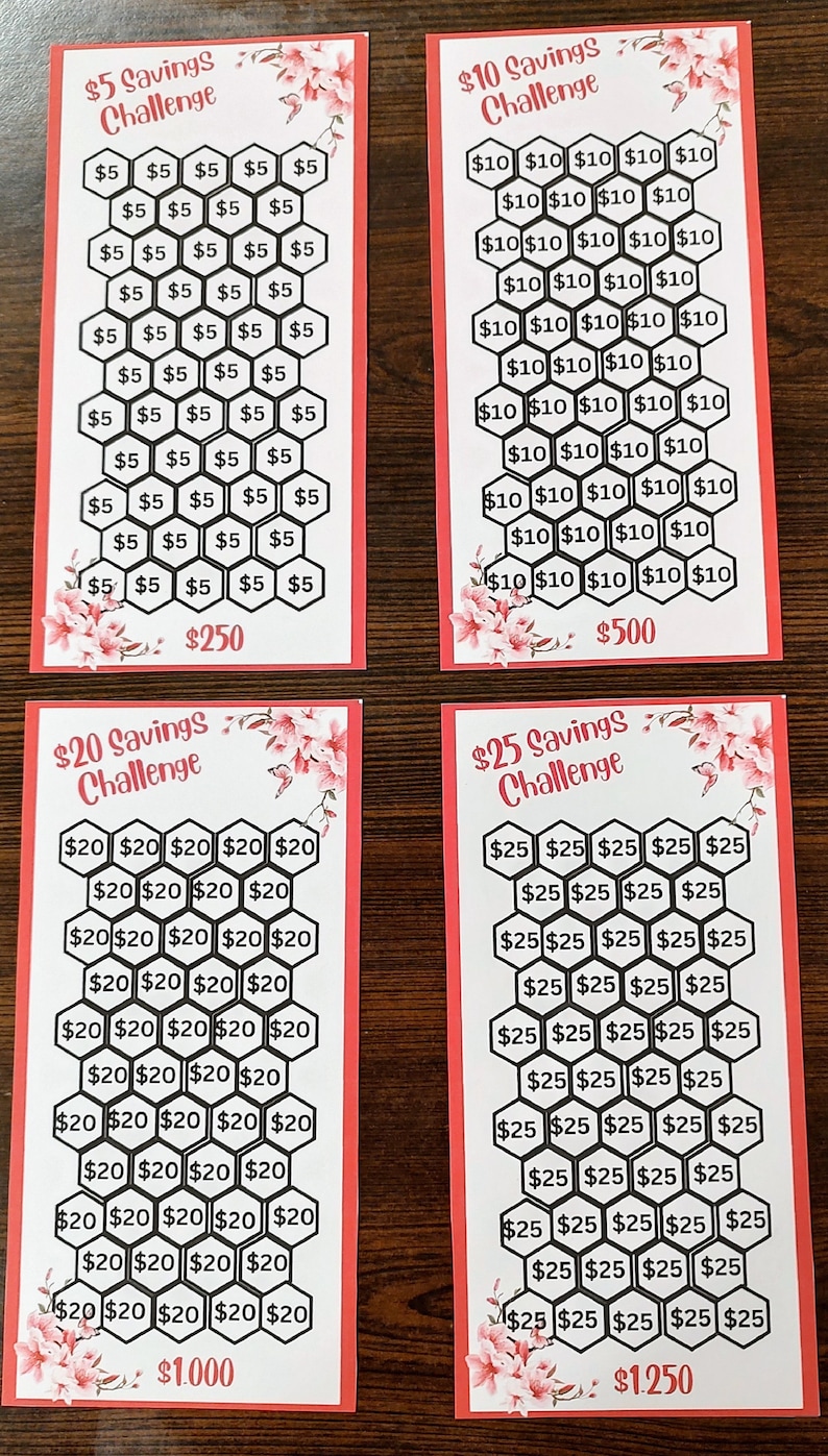May include: Four printable savings challenge cards with a floral design. Each card features a honeycomb pattern with a dollar amount in each hexagon. The cards are labeled with the total amount to be saved: $250, $500, $1,000, and $1,250.