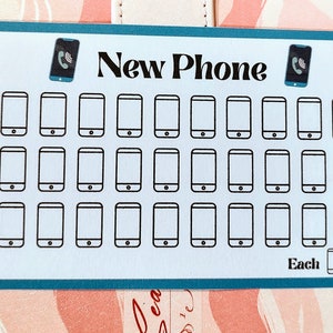 May include: A blue and white printable sticker sheet with the text "New Phone" and 42 phone icons. Each icon is a simple outline of a phone with a rounded rectangle shape.