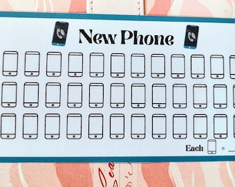 May include: A blue and white printable sticker sheet with the text "New Phone" and 42 phone icons. Each icon is a simple outline of a phone with a rounded rectangle shape.