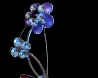 Vintage Brooch , Pin , Silver  Metal , Rhinestones  , Faux Gems , Flower