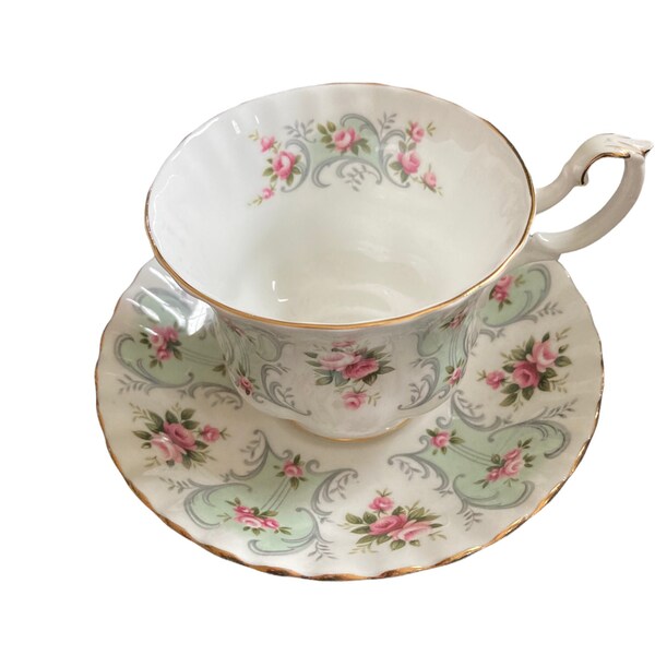 Royal Albert, PAULA ,  Tea Cup , Pink Flowers , Light Green ,Love Story Series ,  England