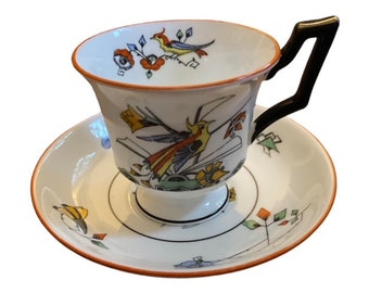 Bright Floral , Black Trim , Birds ,  Hammersley , Tea Cup, Saucer , England