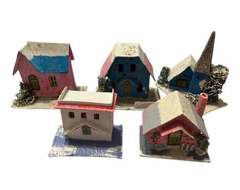 Vintage Cardboard Christmas Village Houses, Multi-Colored Putz Decor, Set of 5